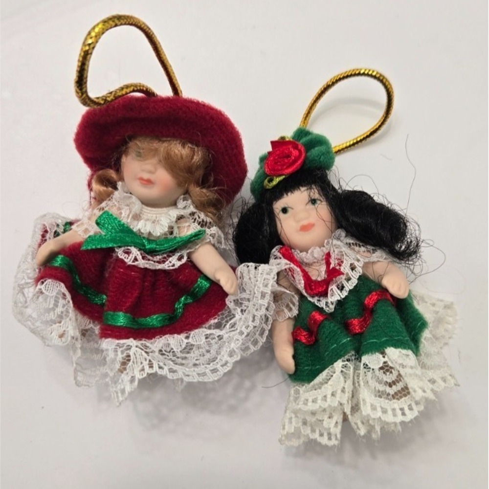 Lot Of 2 Victorian Christmas Style Jointed Porcelain Dolls Ornaments Vintage